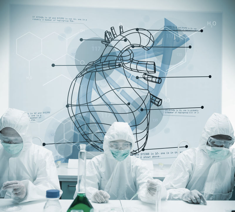 心脏和DNA背景上三个穿着防护服的化学家