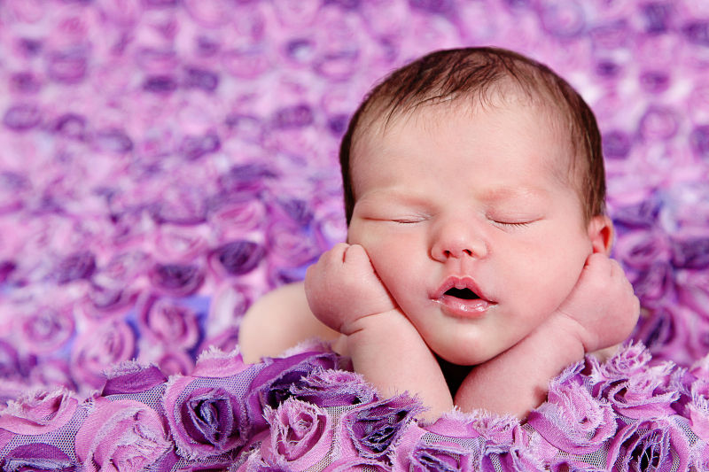 躺在紫色床单上的宝宝