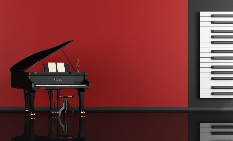 红色背景墙下的黑色钢琴