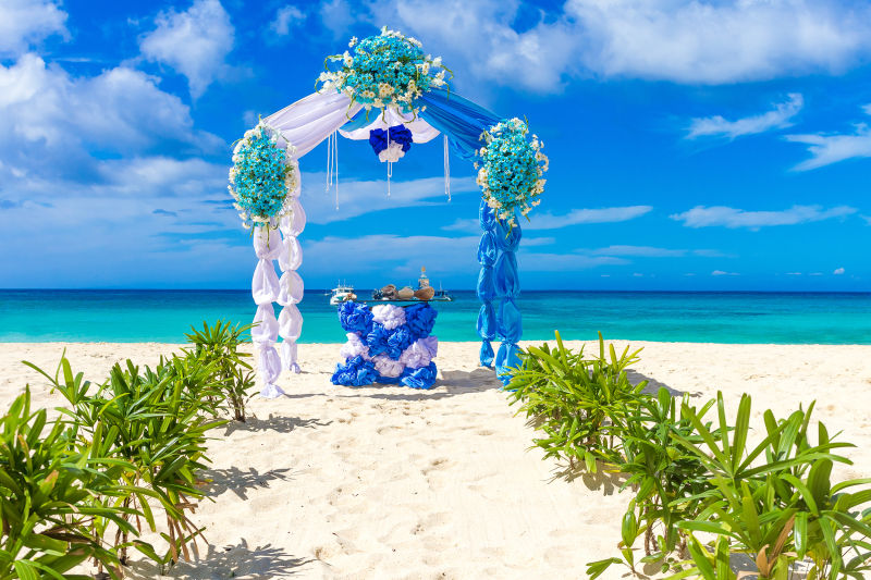 热带沙滩上的鲜花拱门和路引