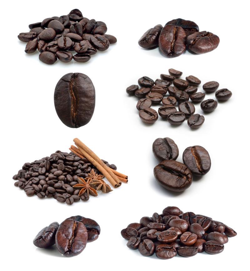 白色背景上的不同角度的咖啡豆
