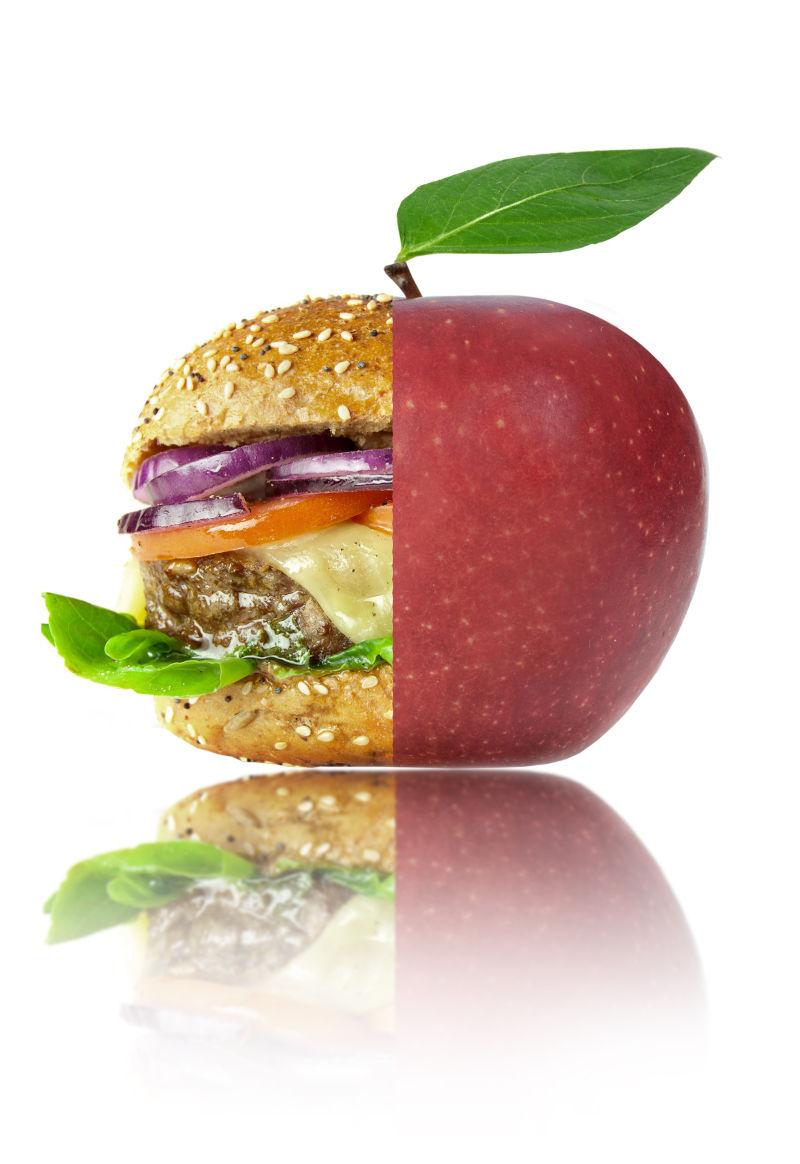 融合成一个的健康的苹果和汉堡包