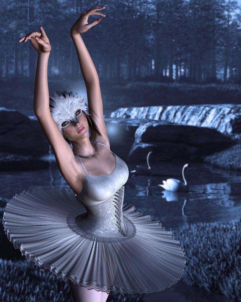 湖边跳舞的芭蕾舞舞者
