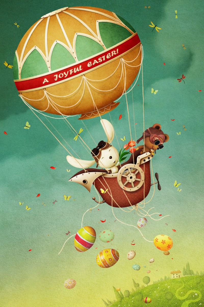 童话热气球兔子和熊