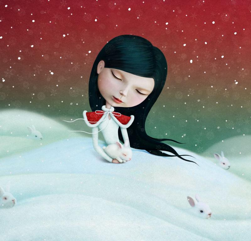 童话雪地里的小女孩和兔子