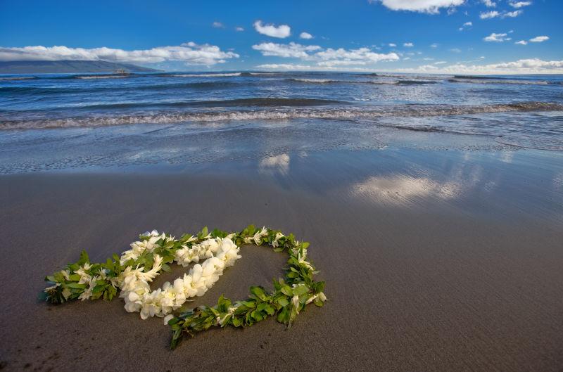 热带海滩上的心形花环