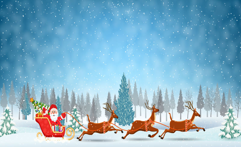 圣诞老人骑雪橇和圣诞驯鹿在雪地上