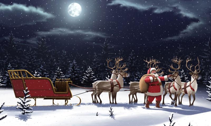 月亮下的圣诞老人与驯鹿