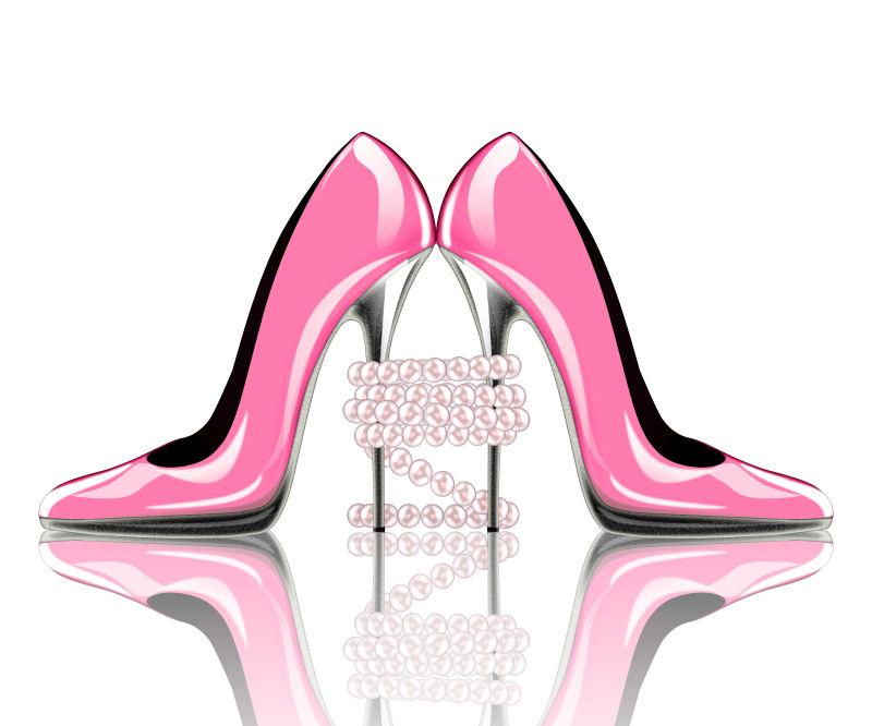双款高跟粉红色女士鞋配珍珠首饰