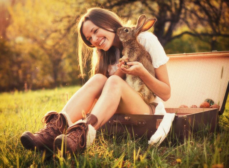 阳光下绿色草地上抱着兔子坐在行李箱里的美女
