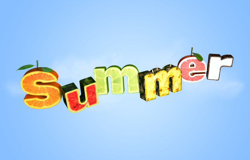 夏季文字由各种夏季水果制成