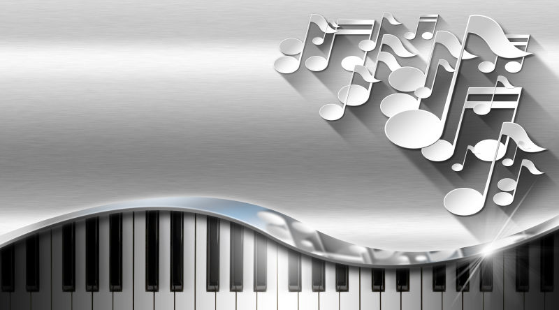 背景音乐背景下的白色音乐音符和钢琴键盘