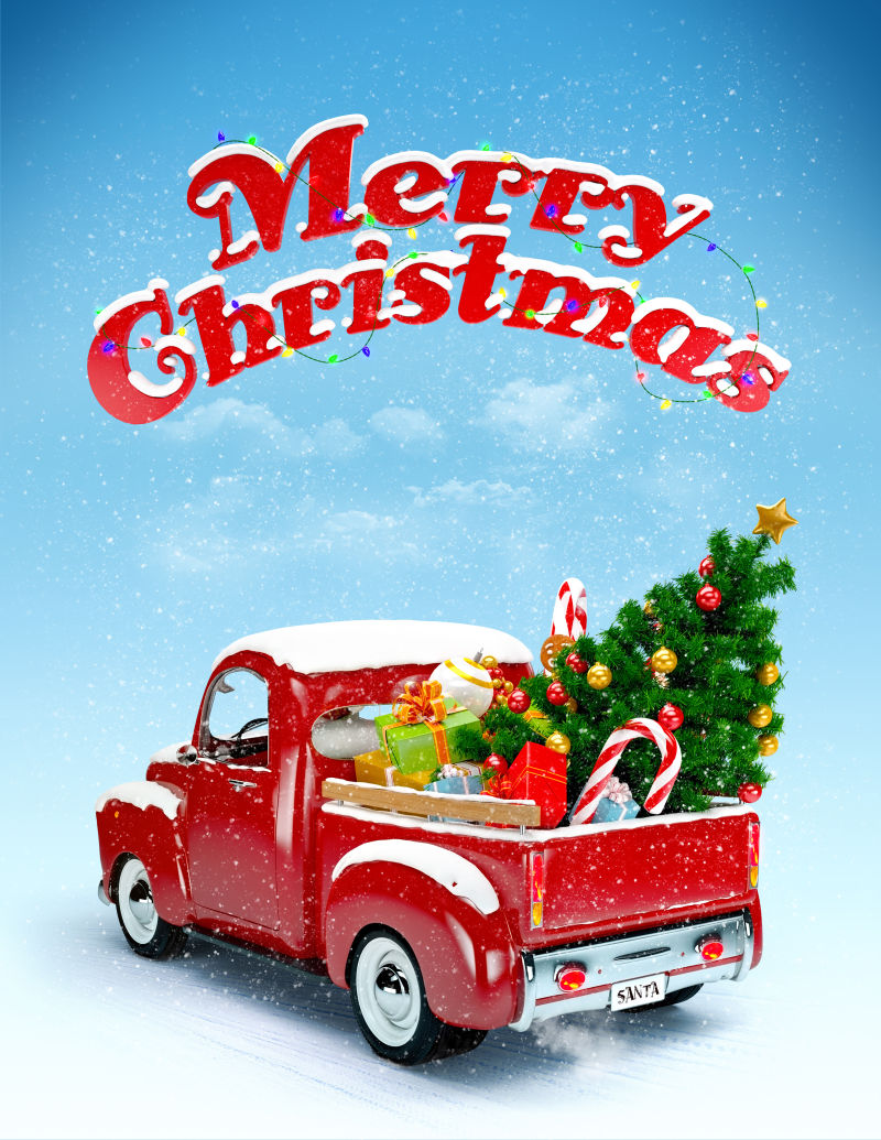 圣诞老人开着装满圣诞礼物的卡车
