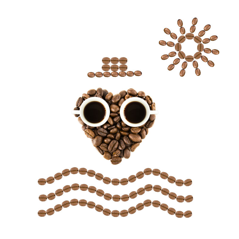 咖啡豆心形和帽子太阳