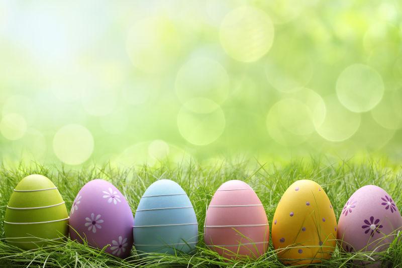 有着光斑的背景下草地上的复活节彩蛋