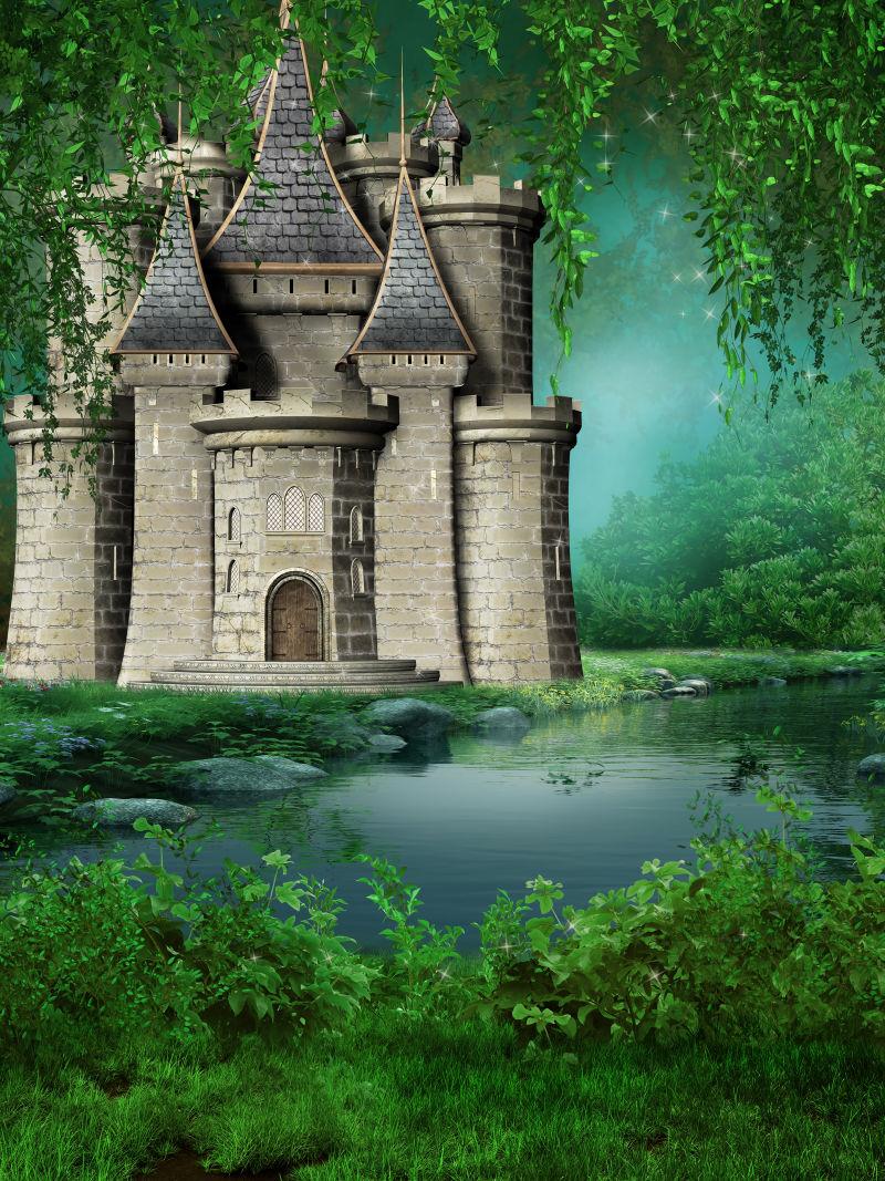 美丽的绿色的童话城堡河