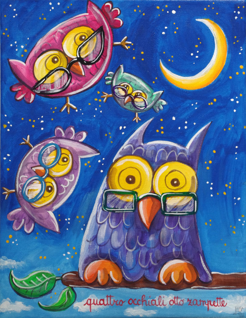 月亮下的可爱猫头鹰绘画