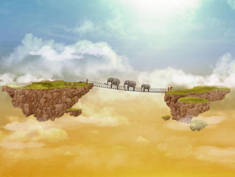 两个浮空岛屿上的行走的大象