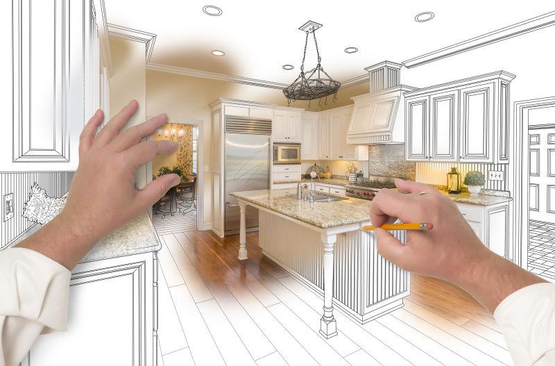男手用铅笔画一个定制的厨房内部设计方案