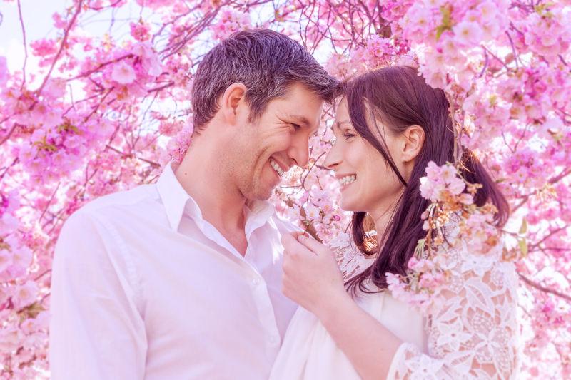 站在粉色花中间的幸福的夫妻