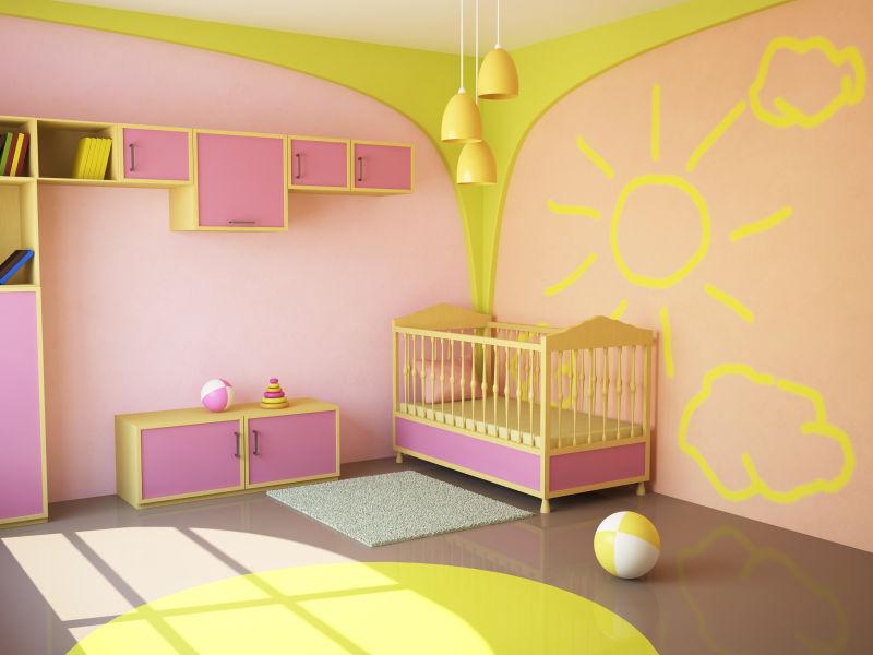 墙角放着婴儿床的粉色主色调的儿童房间