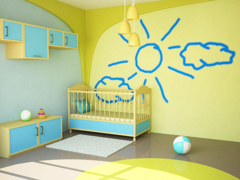 以黄色和蓝色为主色调的儿童房间