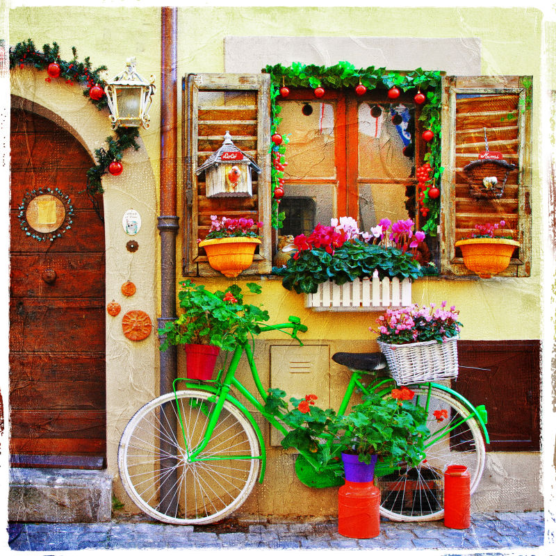 意大利小村庄街道的房屋和花卉自行车