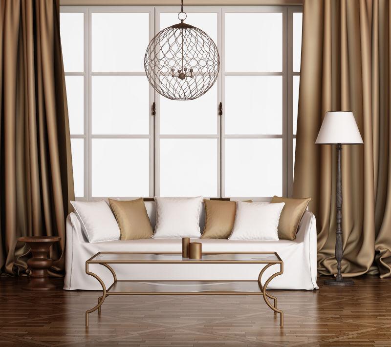 宽敞的客厅里的金色窗帘和白色沙发