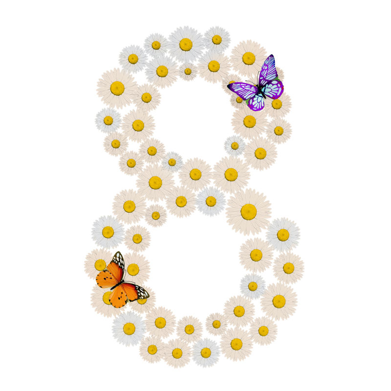 组成八的白色花与两只蝴蝶