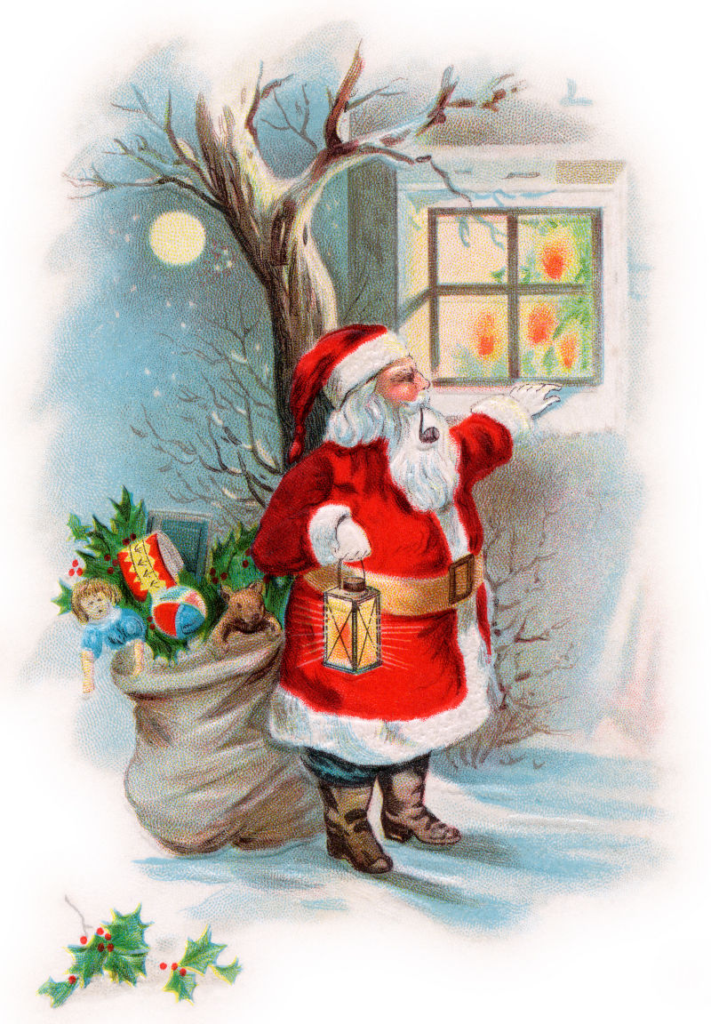 圣诞老人在圣诞夜看一个农舍窗户