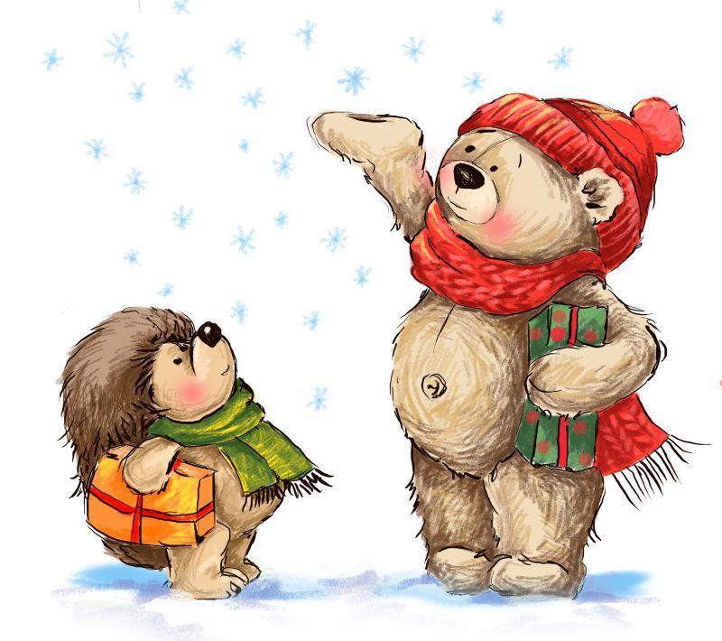 泰迪熊和刺猬带圣诞礼物