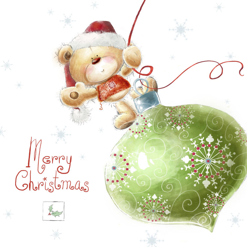 可爱的泰迪熊戴着Santa帽的圣诞树玩具