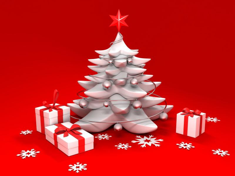 红色背景白色圣诞树装饰