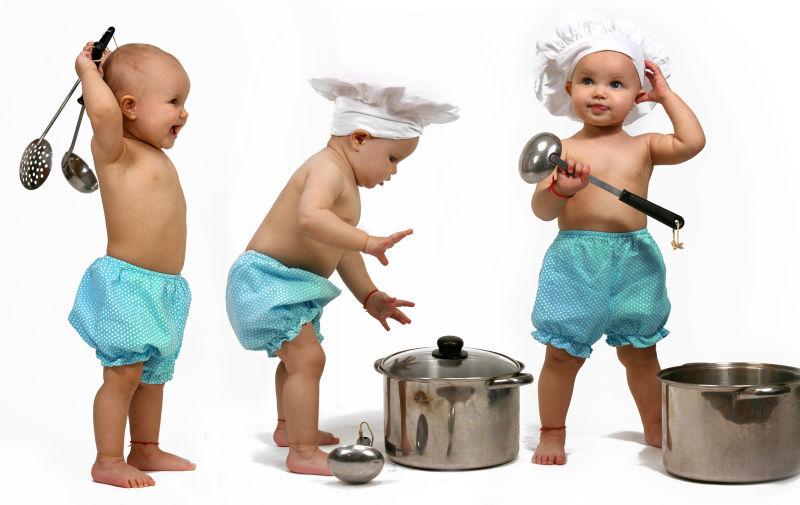 白色背景中做饭的三个小孩厨师