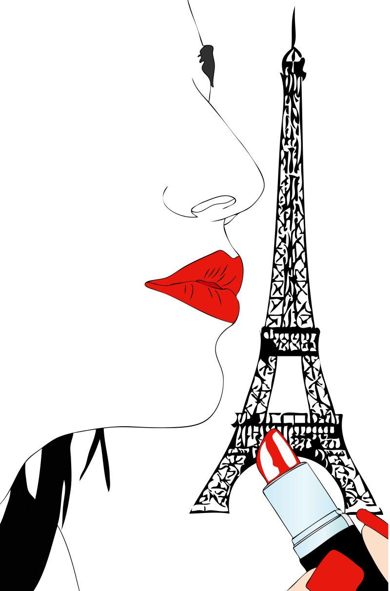巴黎埃菲尔铁塔背景下手拿口红的性感美女