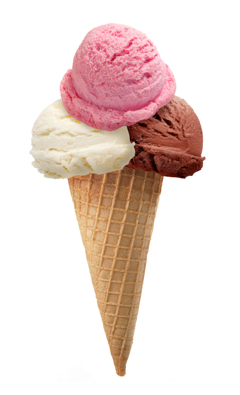 三种颜色的冰淇淋甜筒
