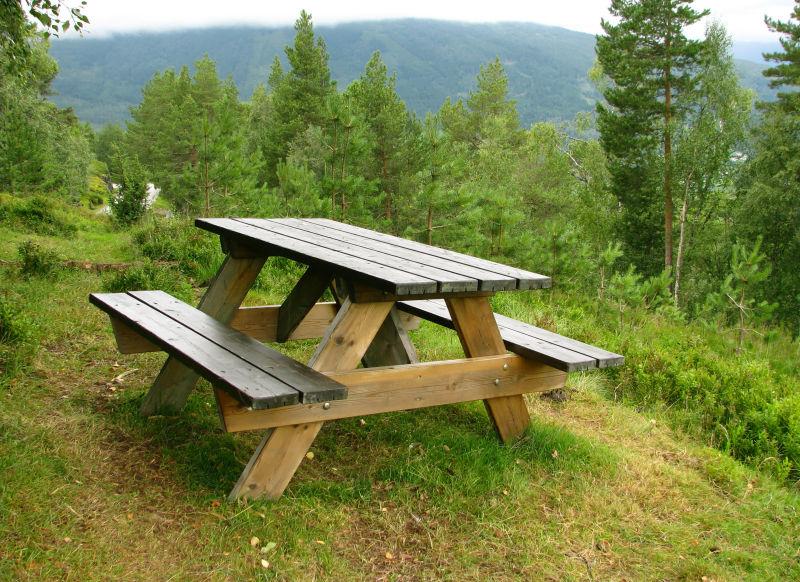 青山绿水背景下的野餐地上的野餐桌