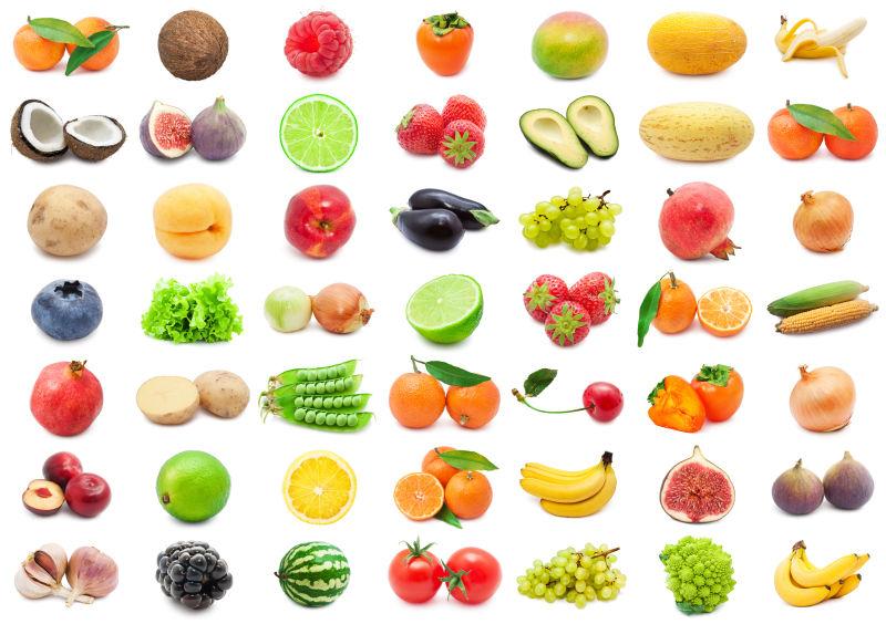白色背景上的整齐排列的水果蔬菜