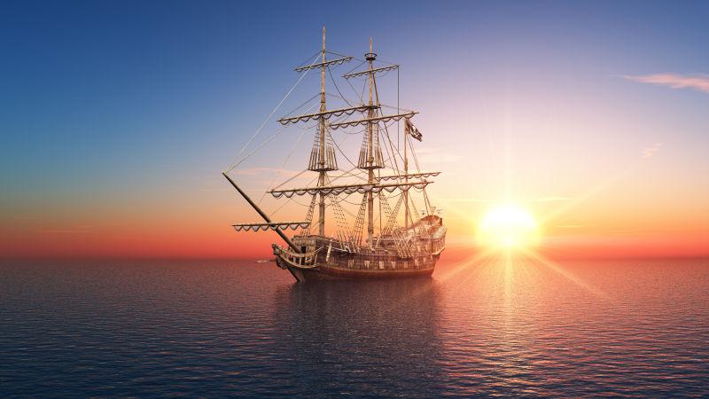 日落时分海上的帆船
