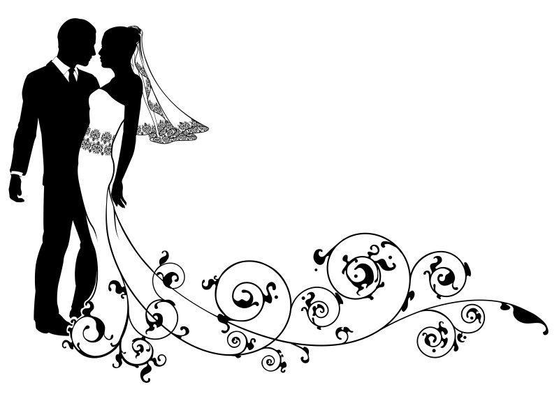 新娘和新郎跳舞或在婚礼当天亲吻花环矢量插图