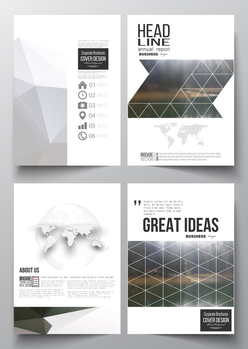灰色背景上的三角形和世界地图矢量宣传册封面设计