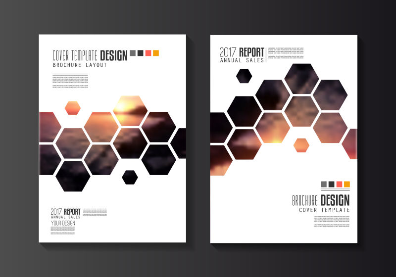 深灰色背景上的六边形夕阳矢量宣传册封面设计