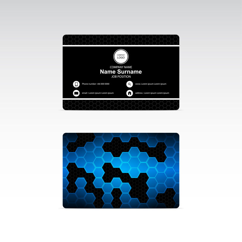 白色背景上的简约黑色和蓝色六边形名片矢量设计
