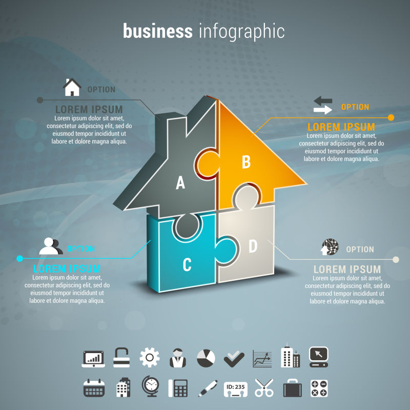 矢量图示的商业信息图表与房子的拼图