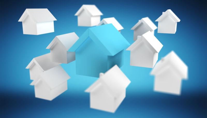 3D渲染白色和蓝色的小房子
