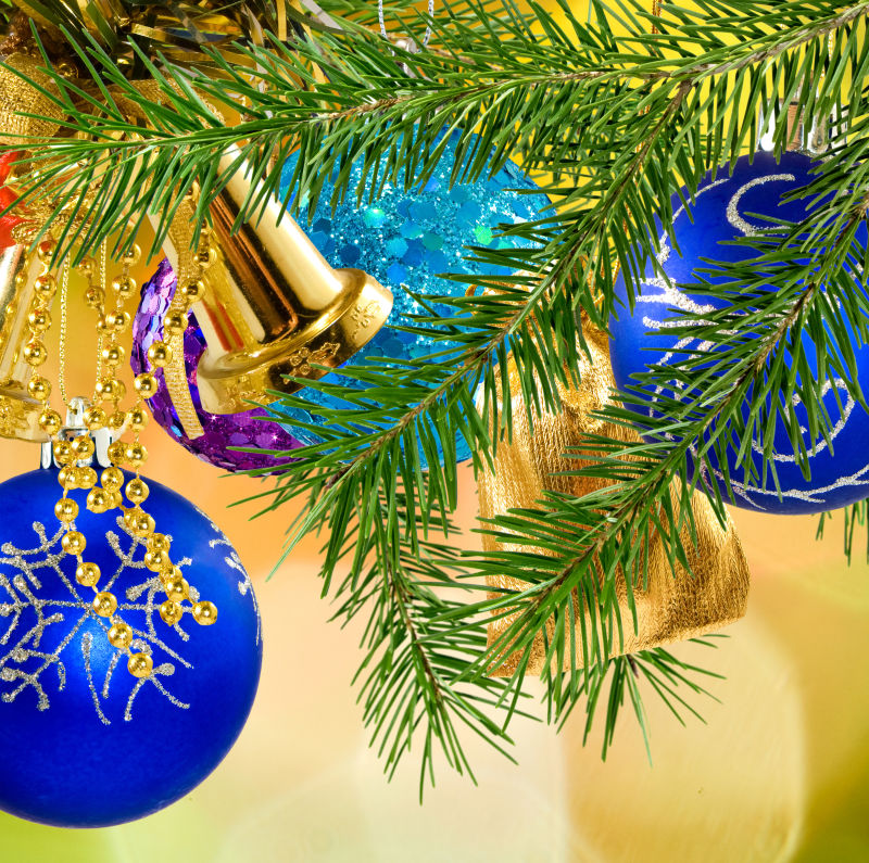 圣诞树枝旁金色和蓝色的圣诞装饰球