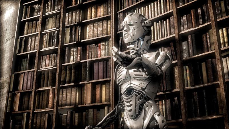 经典图书馆中手持机器人的冷手势