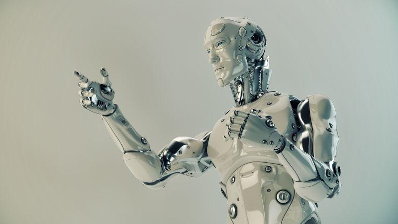 时尚健壮的未来机器人用强壮的手臂