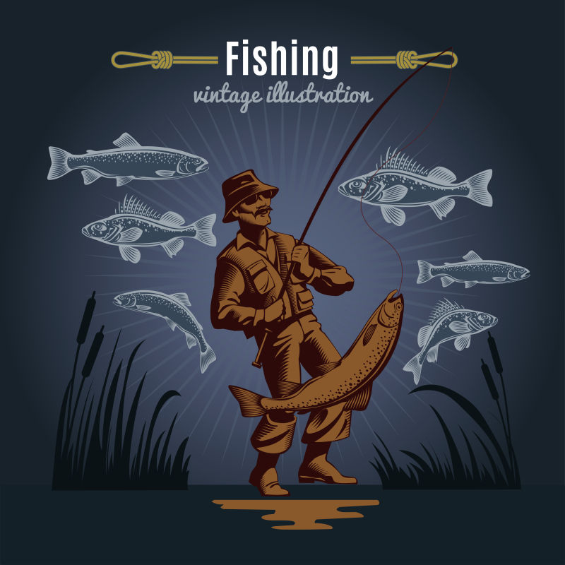 湖边钓鱼的卡通背景矢量图