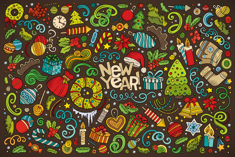 矢量卡通新年和圣诞物品涂鸦背景